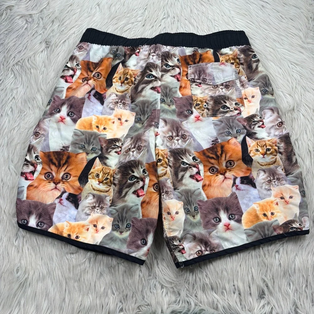 Bioworld Men's L Kitten Cat Face Printed Swim Trunks Shorts Mesh Liner Novelty